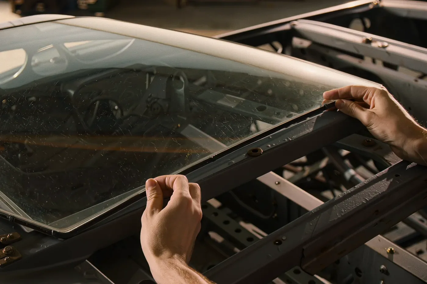 Hands guiding a replacement windshield down into the prepared frame of a vehicle